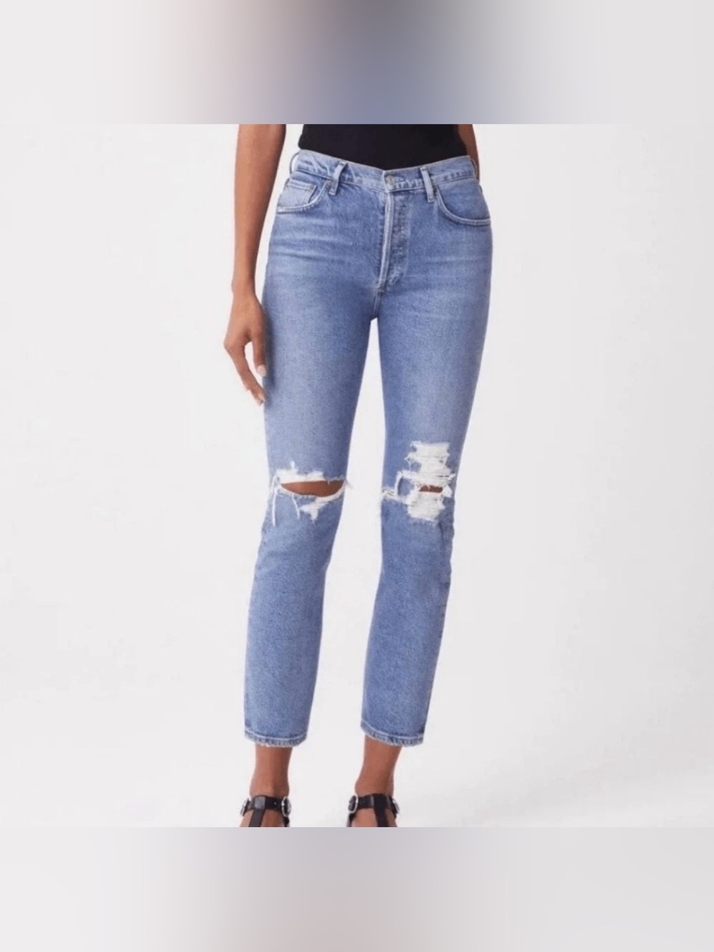 Agolde “Riley” High Rise Straight Leg Distressed Crop Denim Jeans In Wilder Wash